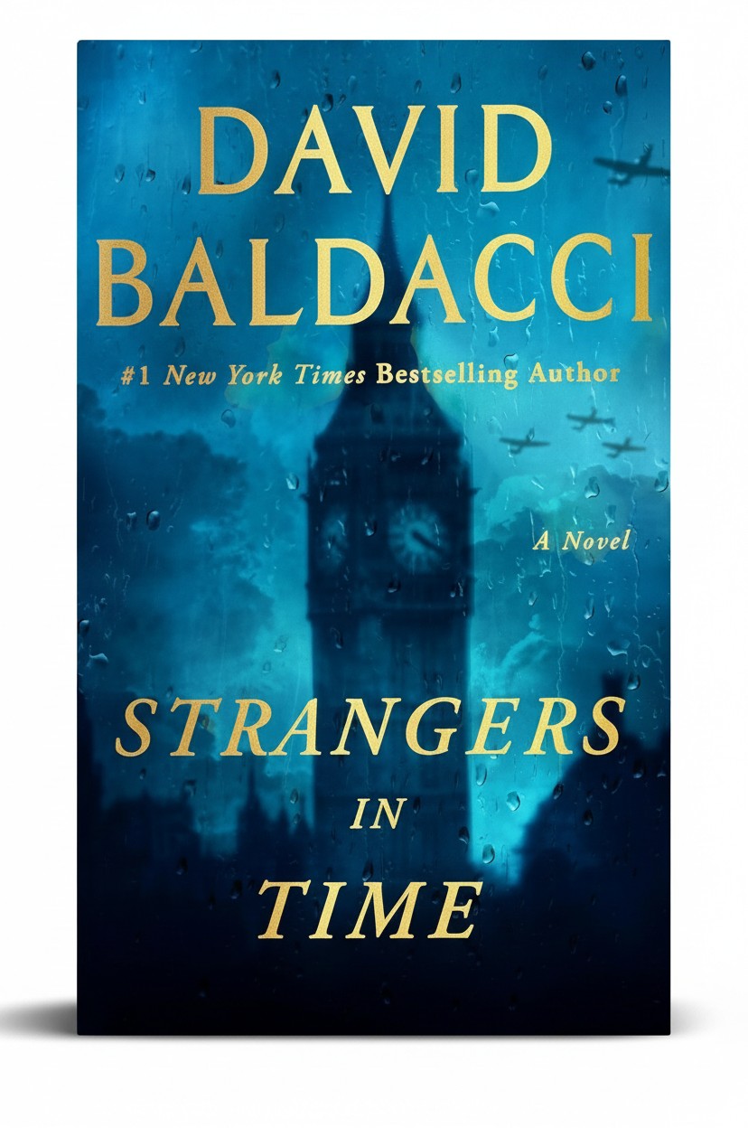 BestBuyBook Strangers in Time by David Baldacci hardcover book cover with Big Ben silhouette and rain effect