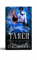 BestBuyBook cover art for Taken by C.D. Gorri featuring a woman and a man amidst magical swirling blue ocean waves.