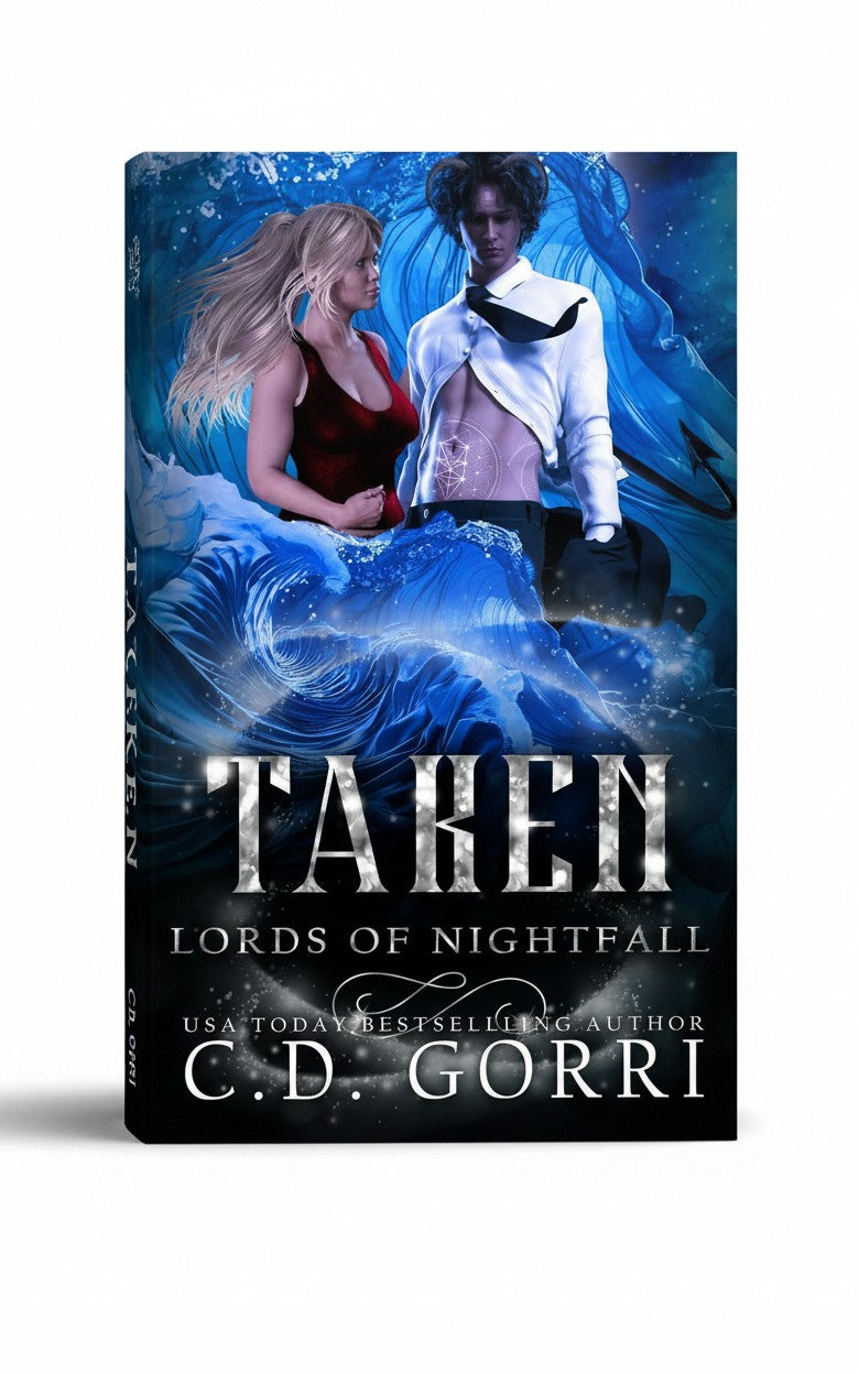 BestBuyBook cover art for Taken by C.D. Gorri featuring a woman and a man amidst magical swirling blue ocean waves.