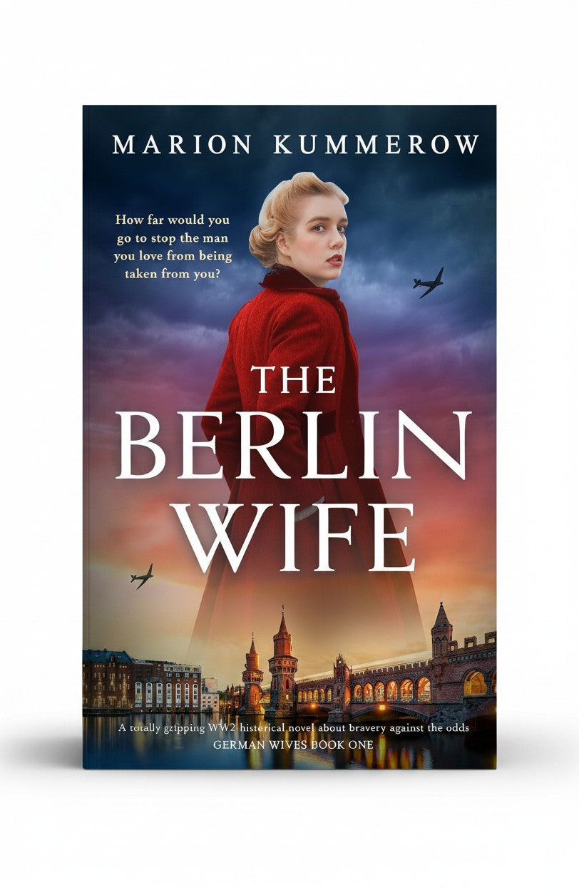 BestBuyBook The Berlin Wife book cover featuring a woman in a red coat against a dramatic Berlin sunset and war planes.