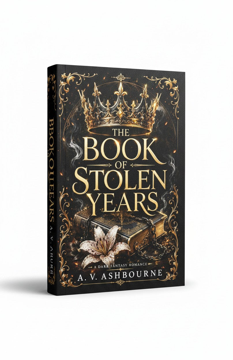 BestBuyBook edition of The Book of Stolen Years by A.V. Ashbourne, featuring a black cover with gold crown and book.