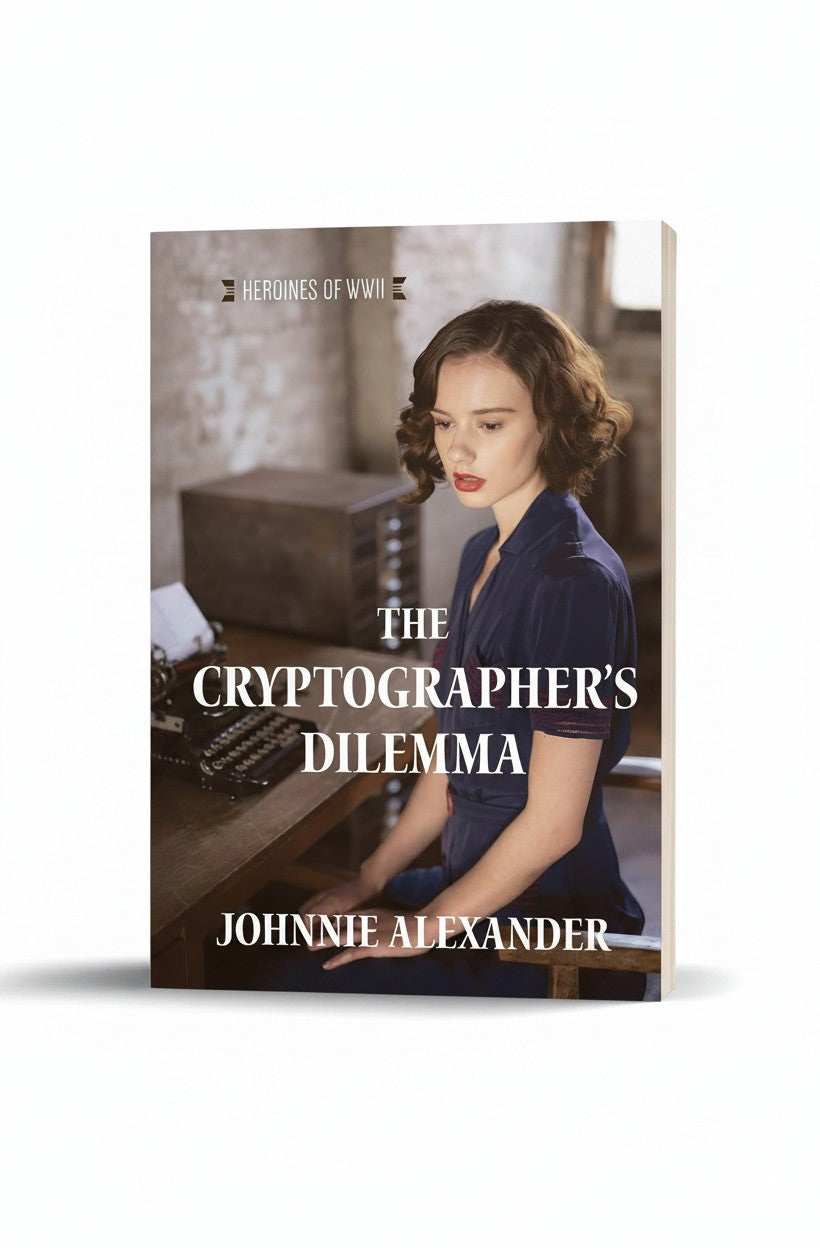 BestBuyBook The Cryptographer’s Dilemma book cover featuring a woman in 1940s attire sitting at a vintage typewriter.