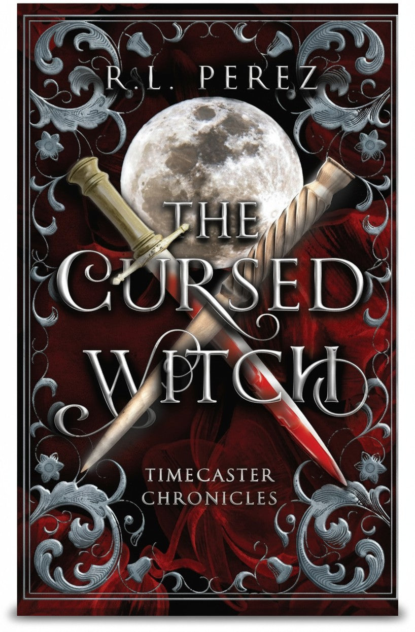 BestBuyBook The Cursed Witch book cover featuring a full moon, crossed swords, and ornate silver filigree on red