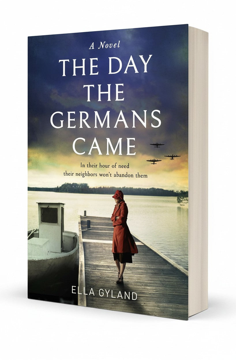 BestBuyBook historical fiction novel The Day the Germans Came by Ella Gyland featuring a woman on a pier at sunset