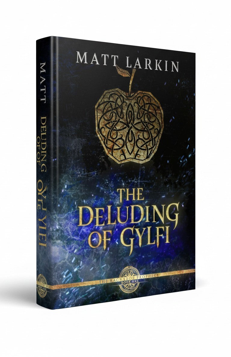 BestBuyBook The Deluding of Gylfi by Matt Larkin, a dark fantasy Norse mythology book with a gold apple cover design.