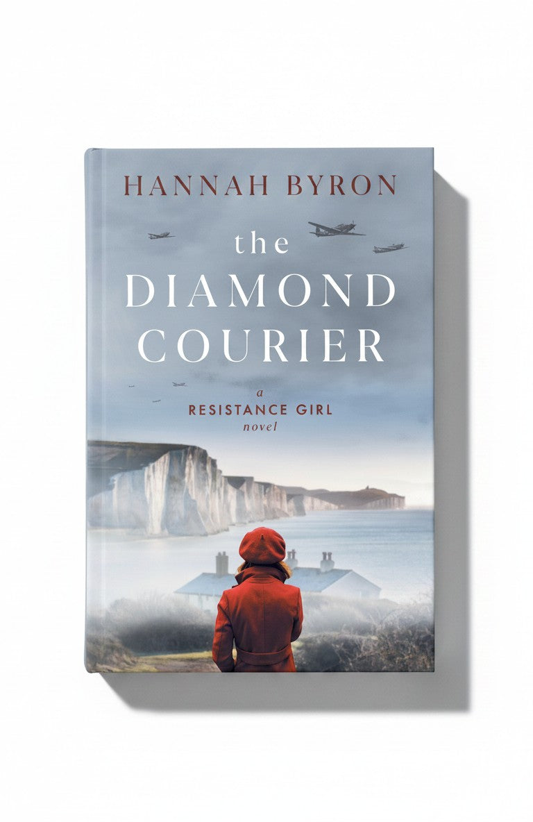 BestBuyBook The Diamond Courier historical fiction novel cover featuring a woman in a red coat overlooking white cliffs