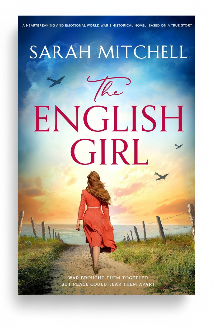BestBuyBook cover of The English Girl by Sarah Mitchell featuring a woman in a red dress walking toward a beach.
