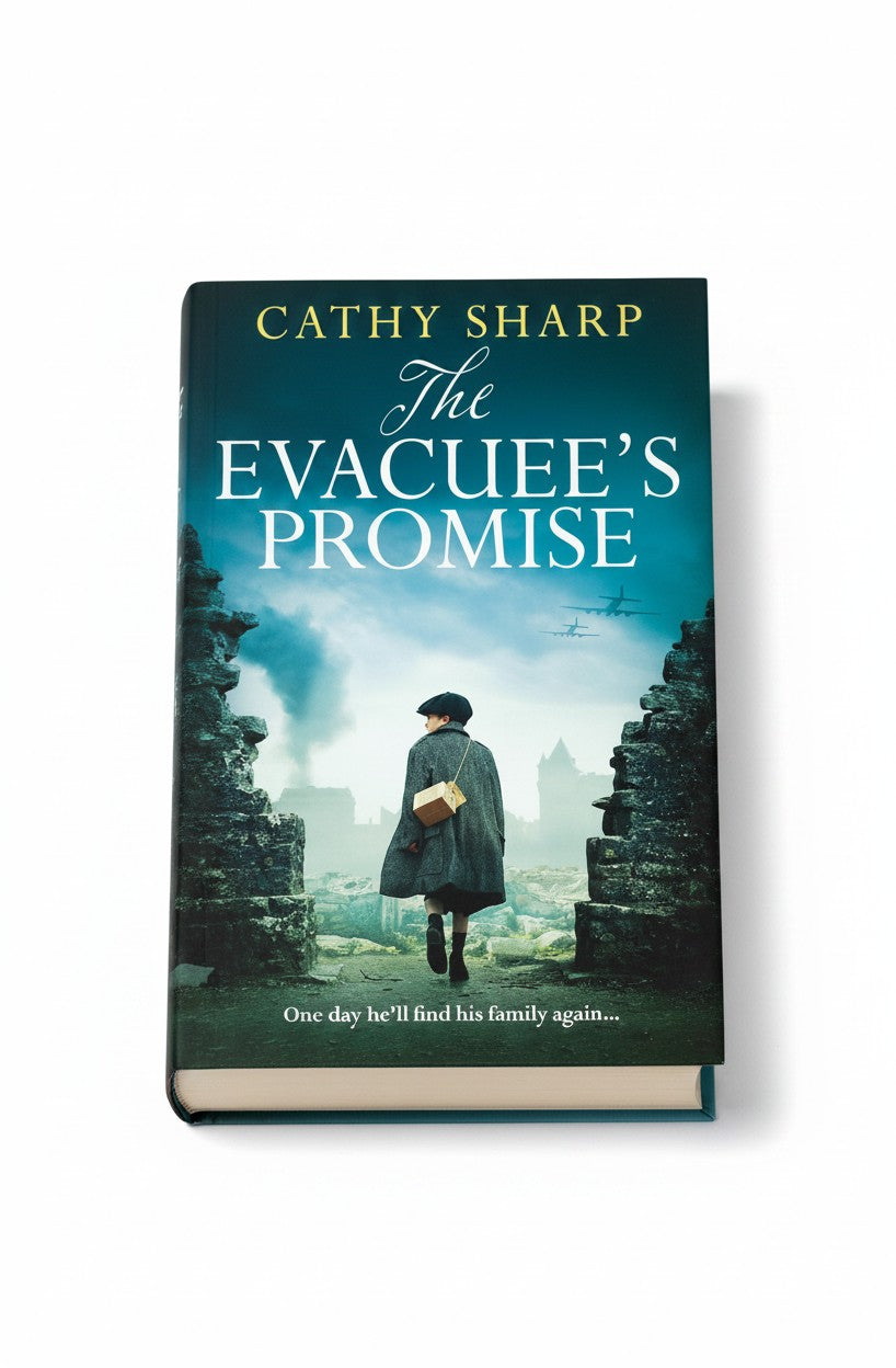 BestBuyBook The Evacuee's Promise by Cathy Sharp, a WW2 historical fiction novel with a boy walking through ruins.