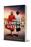 BestBuyBook cover of The Florence Sisters by Tessa Harris featuring two women walking toward a Florence cityscape at sunset