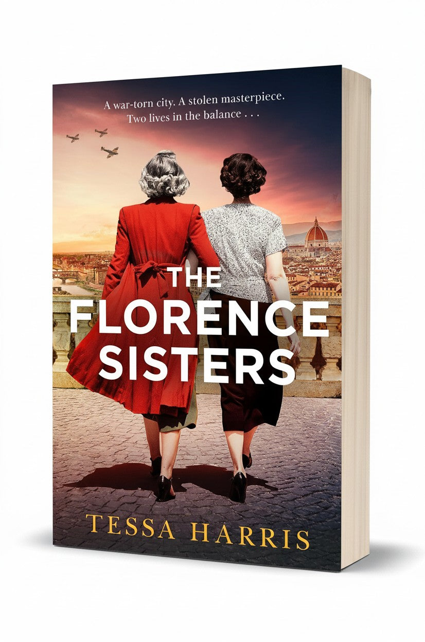 BestBuyBook cover of The Florence Sisters by Tessa Harris featuring two women walking toward a Florence cityscape at sunset