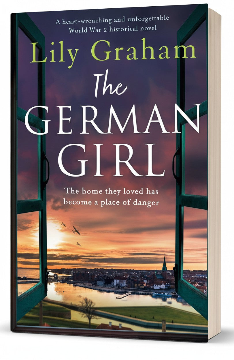 BestBuyBook paperback cover of The German Girl by Lily Graham featuring an open window view of a sunset cityscape
