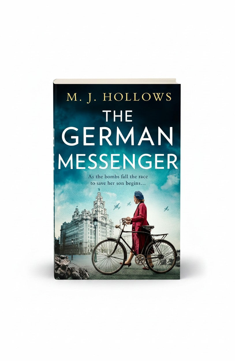 BestBuyBook The German Messenger by M.J. Hollows historical fiction book cover featuring a woman on a bicycle