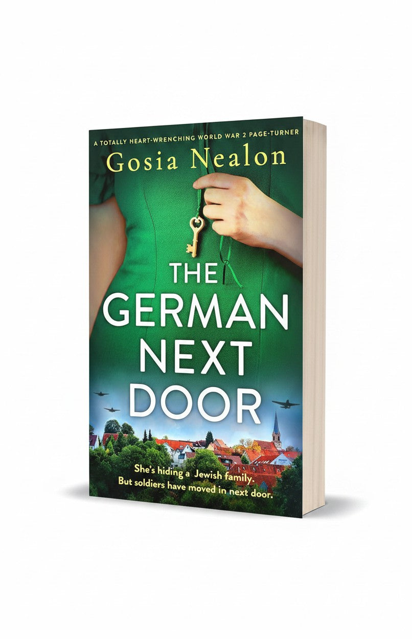 BestBuyBook paperback cover of The German Next Door by Gosia Nealon featuring a woman holding a key in a green dress.