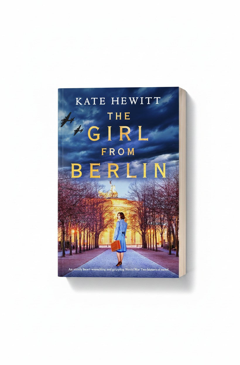 BestBuyBook cover of The Girl from Berlin by Kate Hewitt featuring a woman in a blue coat walking toward a monument.