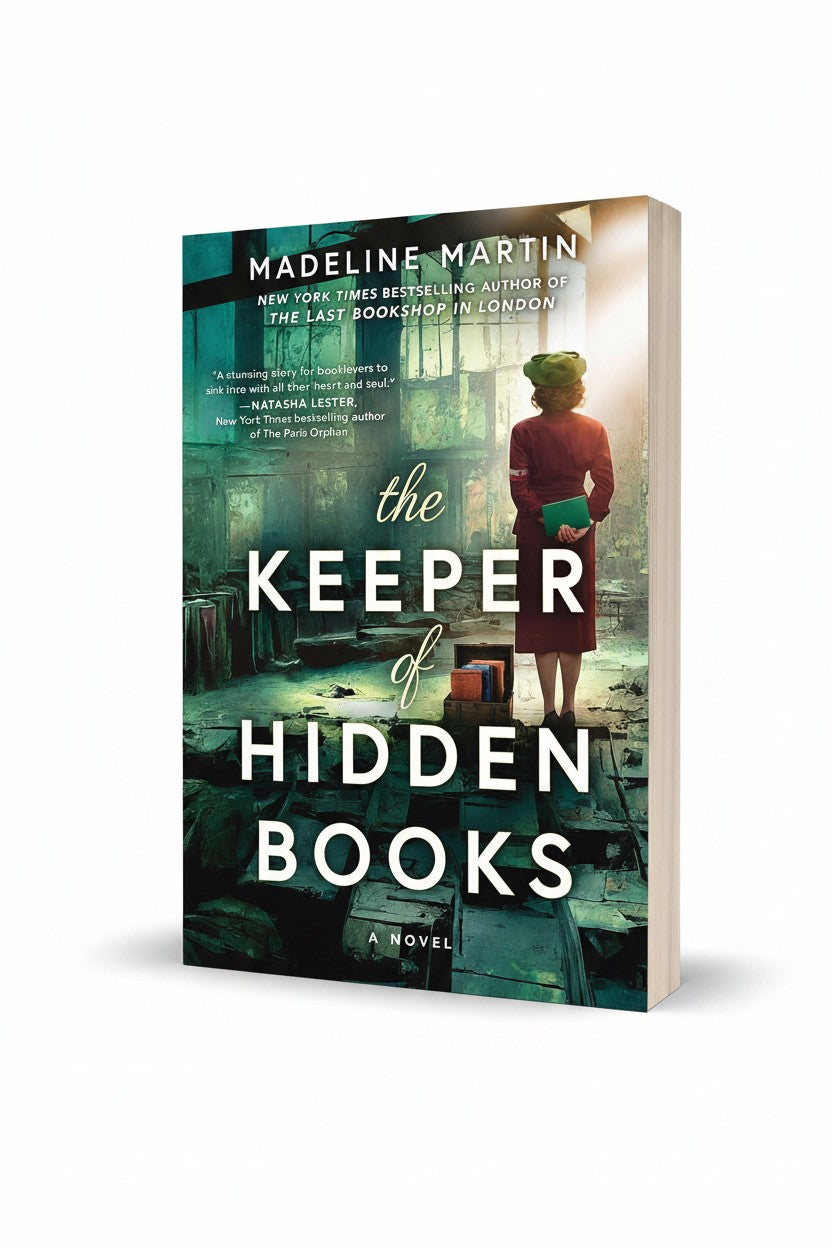 BestBuyBook The Keeper of Hidden Books novel cover featuring a woman in a green hat standing in a ruined library.