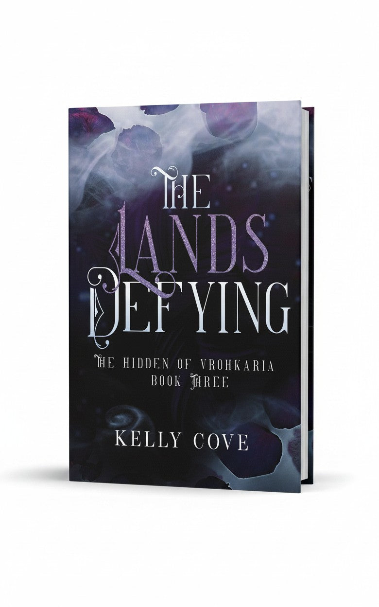 BestBuyBook The Lands Defying by Kelly Cove, a dark fantasy romance book cover with purple and black smoke imagery.
