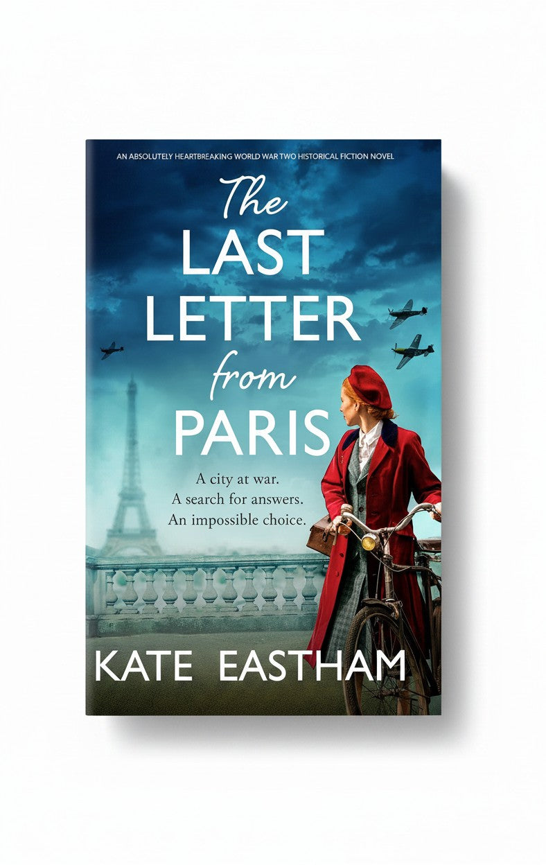 BestBuyBook cover of The Last Letter from Paris featuring a woman in a red coat on a bicycle with the Eiffel Tower.