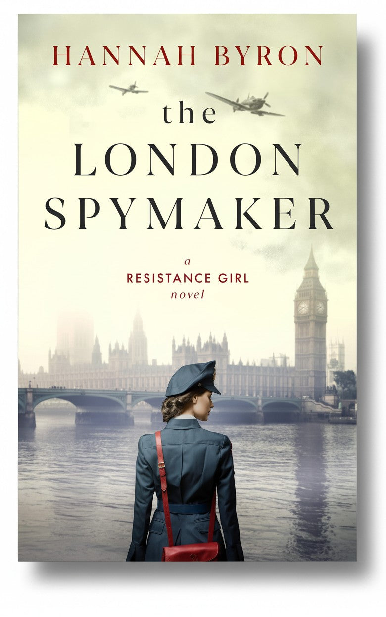 BestBuyBook cover of The London Spymaker by Hannah Byron featuring a woman in a military uniform overlooking the Thames.