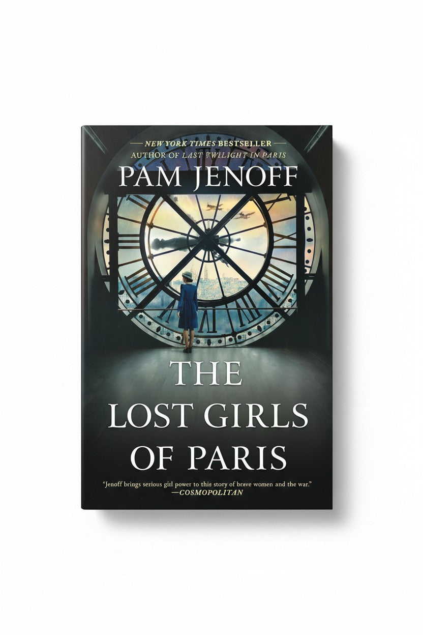 BestBuyBook cover of The Lost Girls of Paris by Pam Jenoff featuring a woman standing before a large clock face.