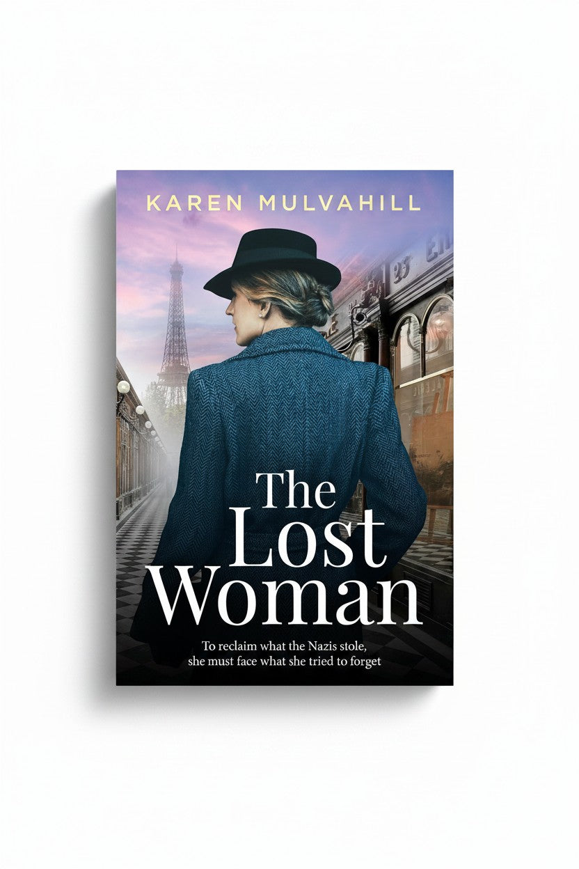 BestBuyBook cover of The Lost Woman by Karen Mulvahill featuring a woman in a coat before the Eiffel Tower in Paris