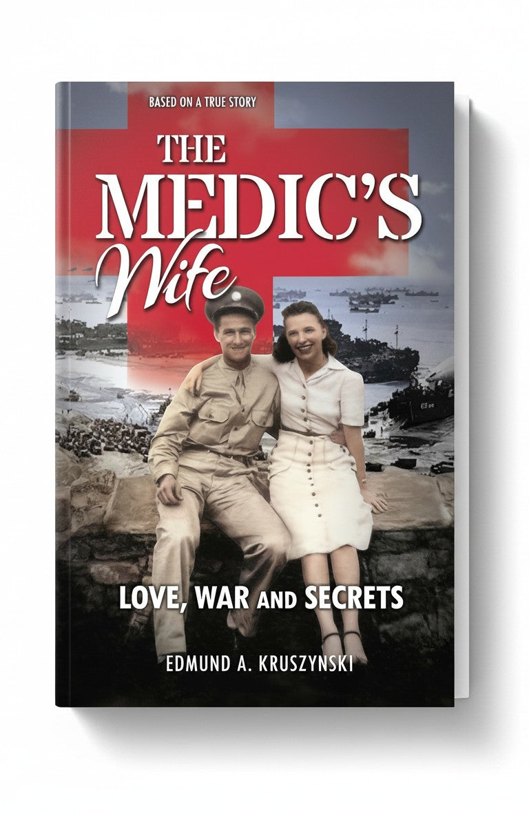 BestBuyBook cover of The Medic's Wife featuring a vintage photo of a WWII soldier and his wife against a war backdrop.