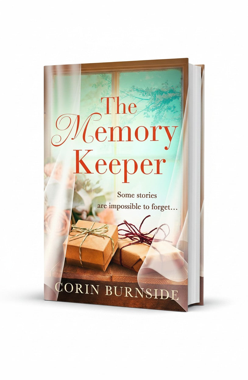 BestBuyBook The Memory Keeper by Corin Burnside, a historical fiction novel cover featuring gift boxes and flowers.
