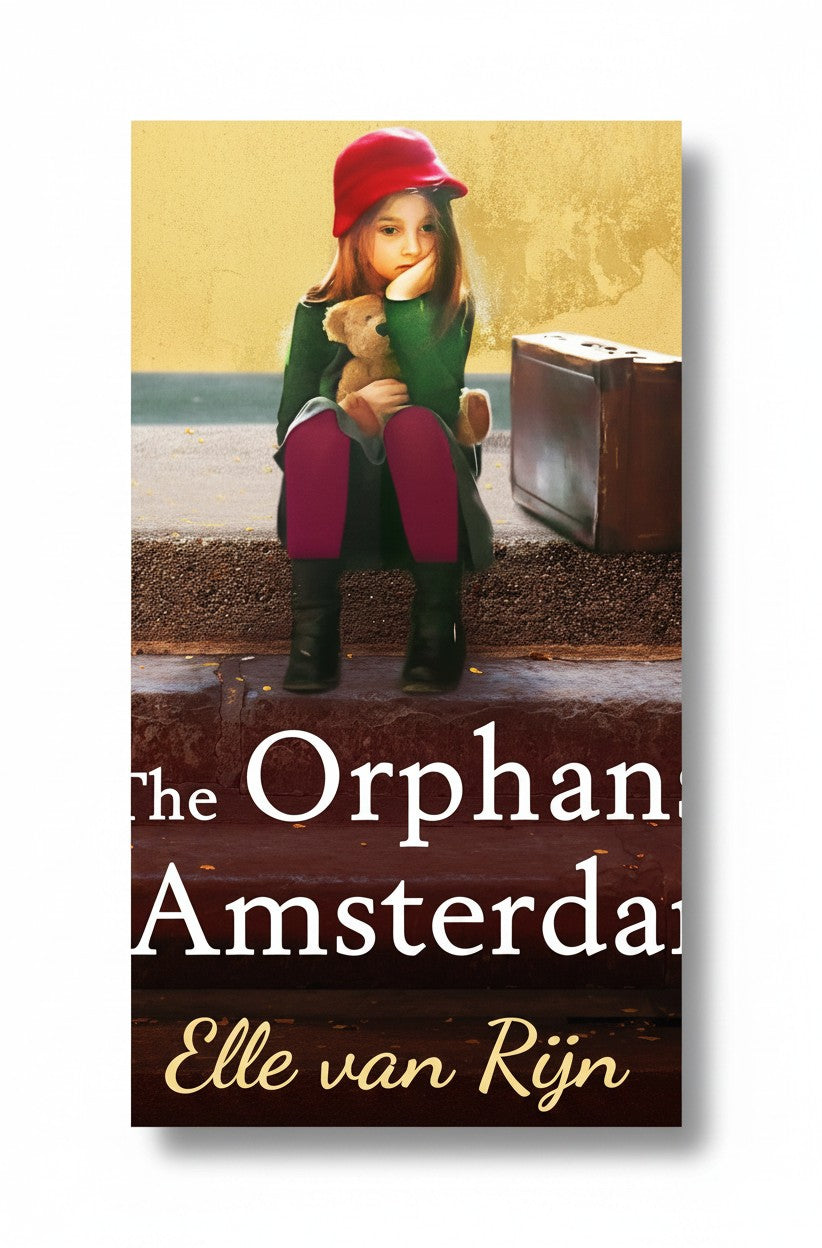 BestBuyBook cover of The Orphans of Amsterdam by Elle van Rijn featuring a young girl with a teddy bear and suitcase.