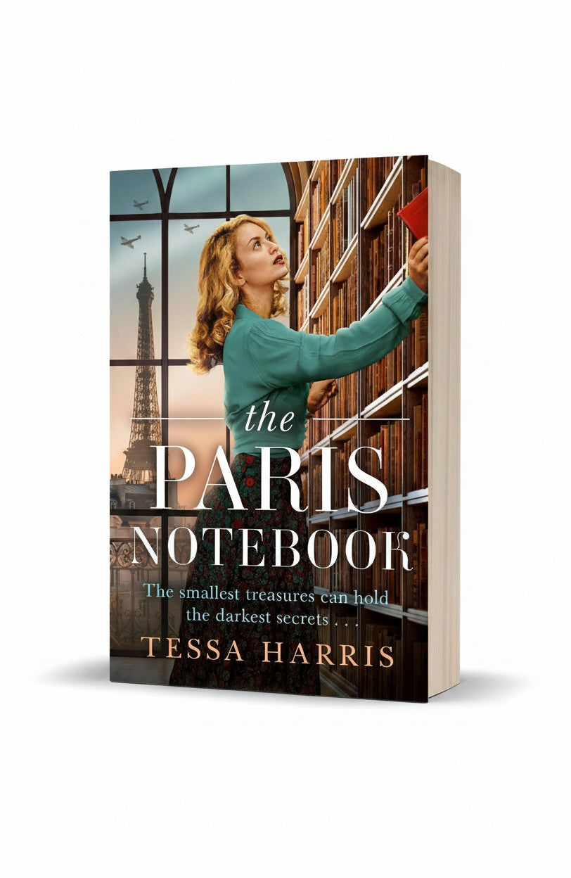 BestBuyBook The Paris Notebook historical fiction book cover featuring a woman in a library with the Eiffel Tower.
