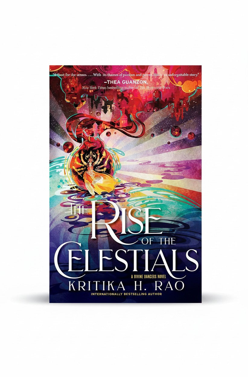 BestBuyBook cover of The Rise of the Celestials fantasy novel featuring a multi-armed dancer in a vibrant cosmic scene