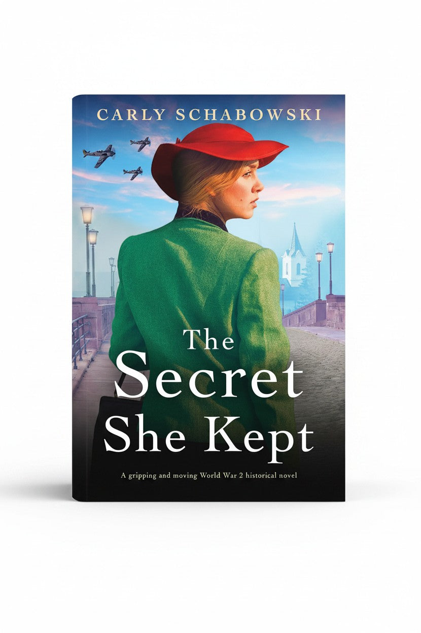 BestBuyBook paperback cover of The Secret She Kept by Carly Schabowski featuring a woman in a green coat and red hat.