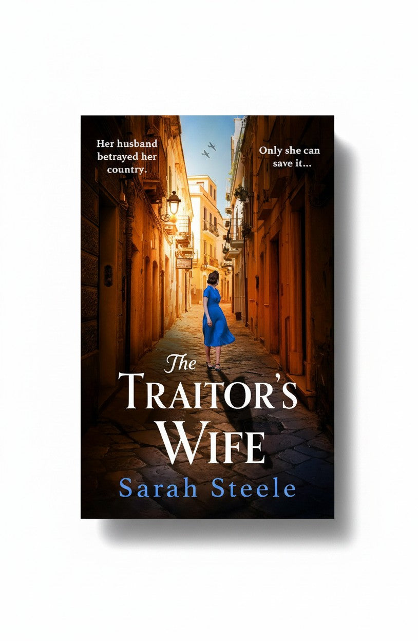 BestBuyBook cover of The Traitor's Wife by Sarah Steele featuring a woman in a blue dress walking down a narrow street