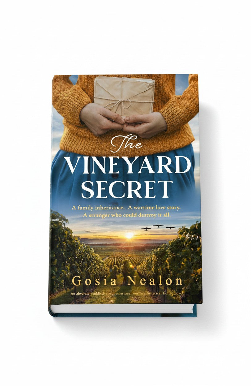BestBuyBook The Vineyard Secret historical fiction novel cover featuring a vineyard at sunset and a person holding a letter