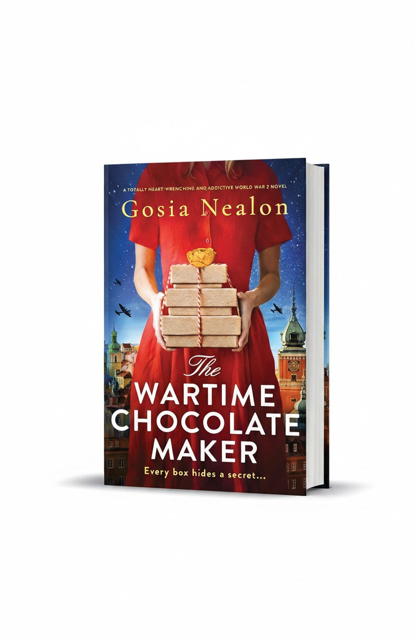 BestBuyBook The Wartime Chocolate Maker book cover featuring a woman in a red dress holding a stack of gift boxes.