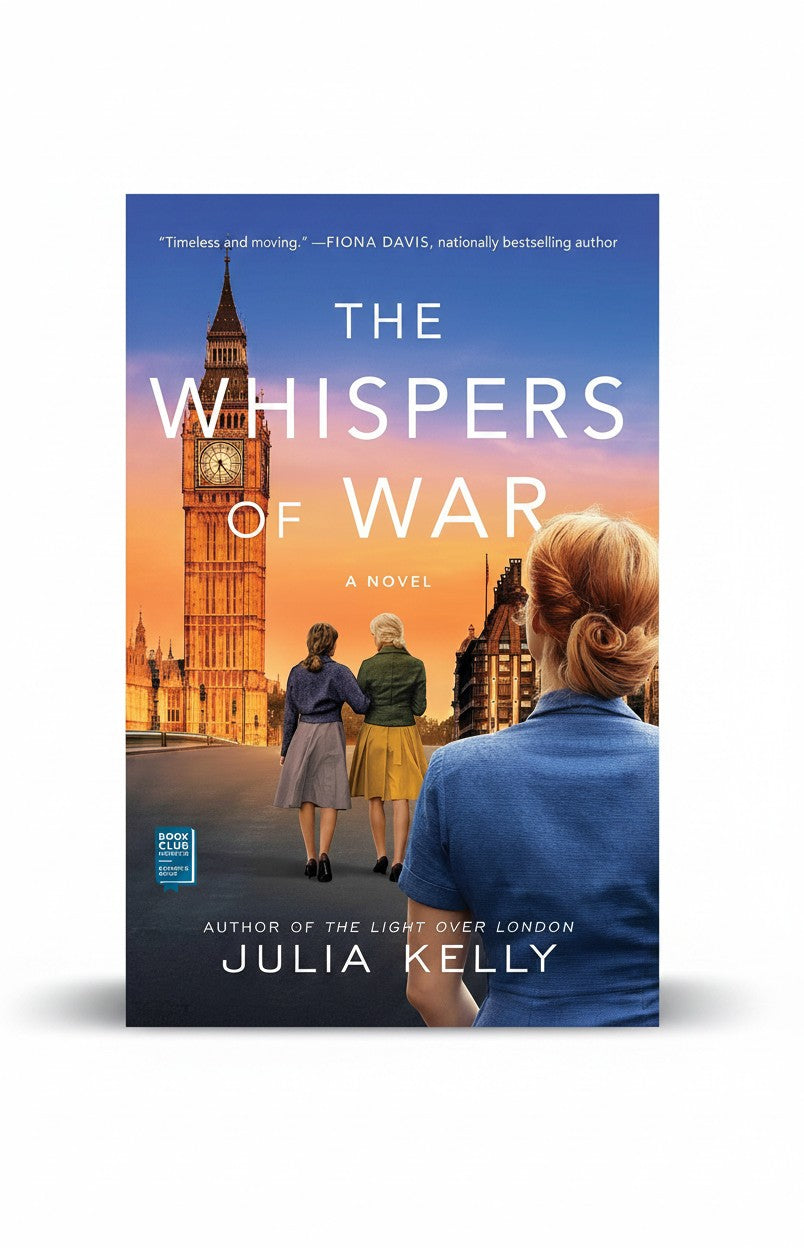 BestBuyBook cover of The Whispers of War by Julia Kelly featuring three women walking toward Big Ben at sunset.