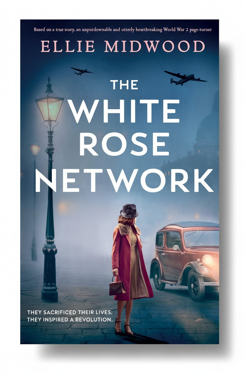 BestBuyBook cover of The White Rose Network by Ellie Midwood featuring a woman in a red coat on a foggy street.