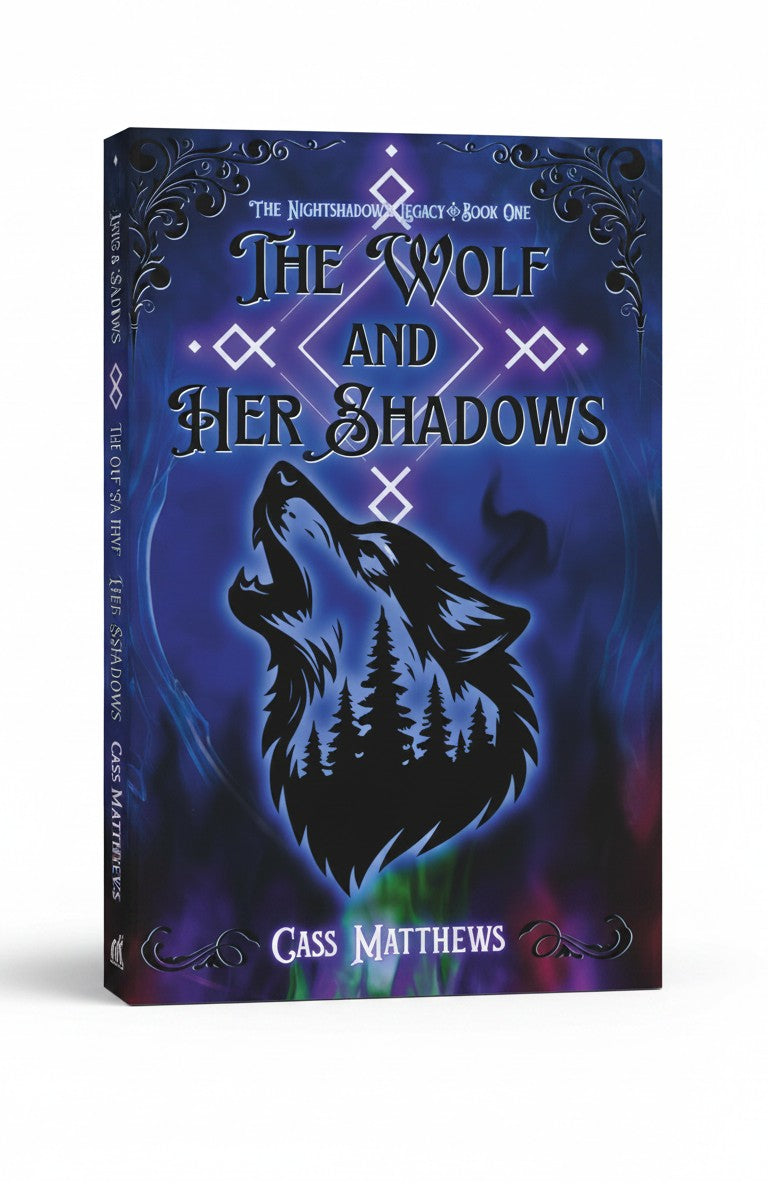 BestBuyBook paperback of The Wolf and Her Shadows by Cass Matthews featuring a howling wolf silhouette and forest art.