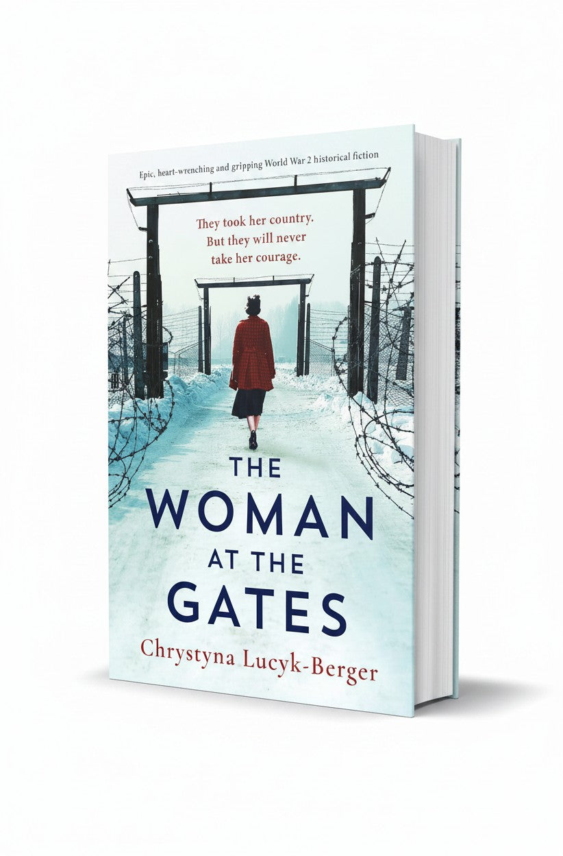 BestBuyBook historical fiction book cover for The Woman at the Gates featuring a woman in a red coat at a camp gate.