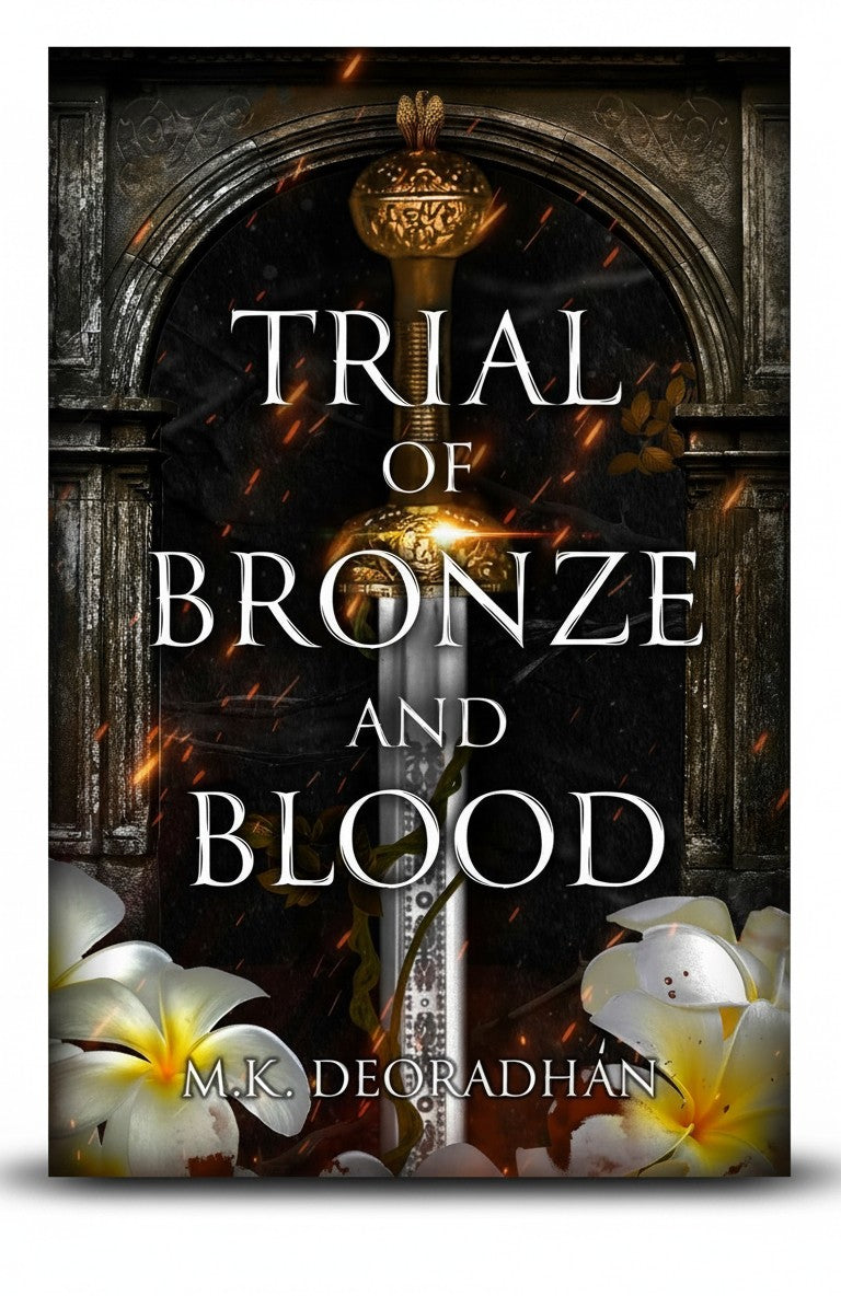 BestBuyBook fantasy romance novel cover featuring a central sword, stone archway, and white flowers with embers.