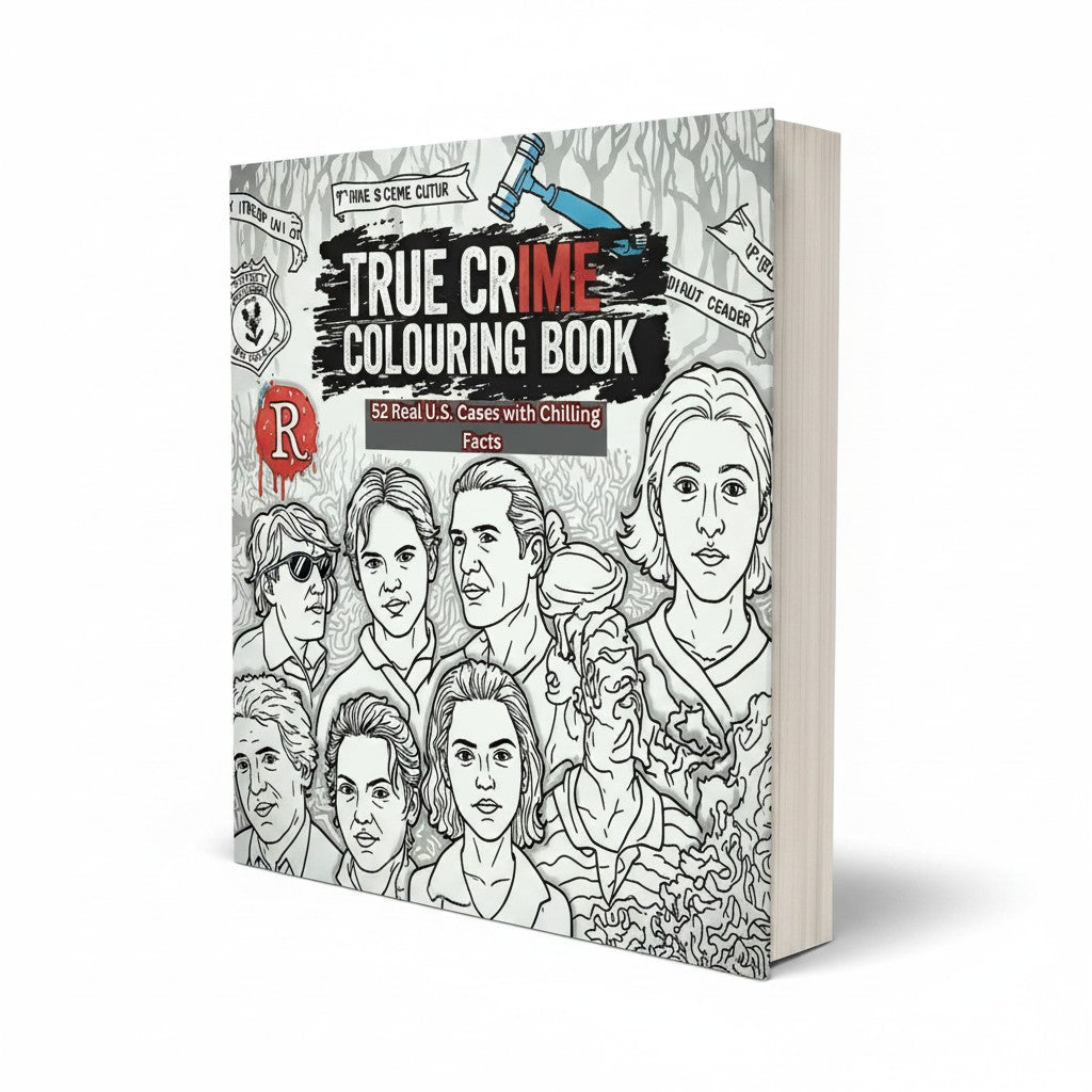BestBuyBook True Crime Colouring Book featuring 52 US cases with intricate character illustrations for adult colorists