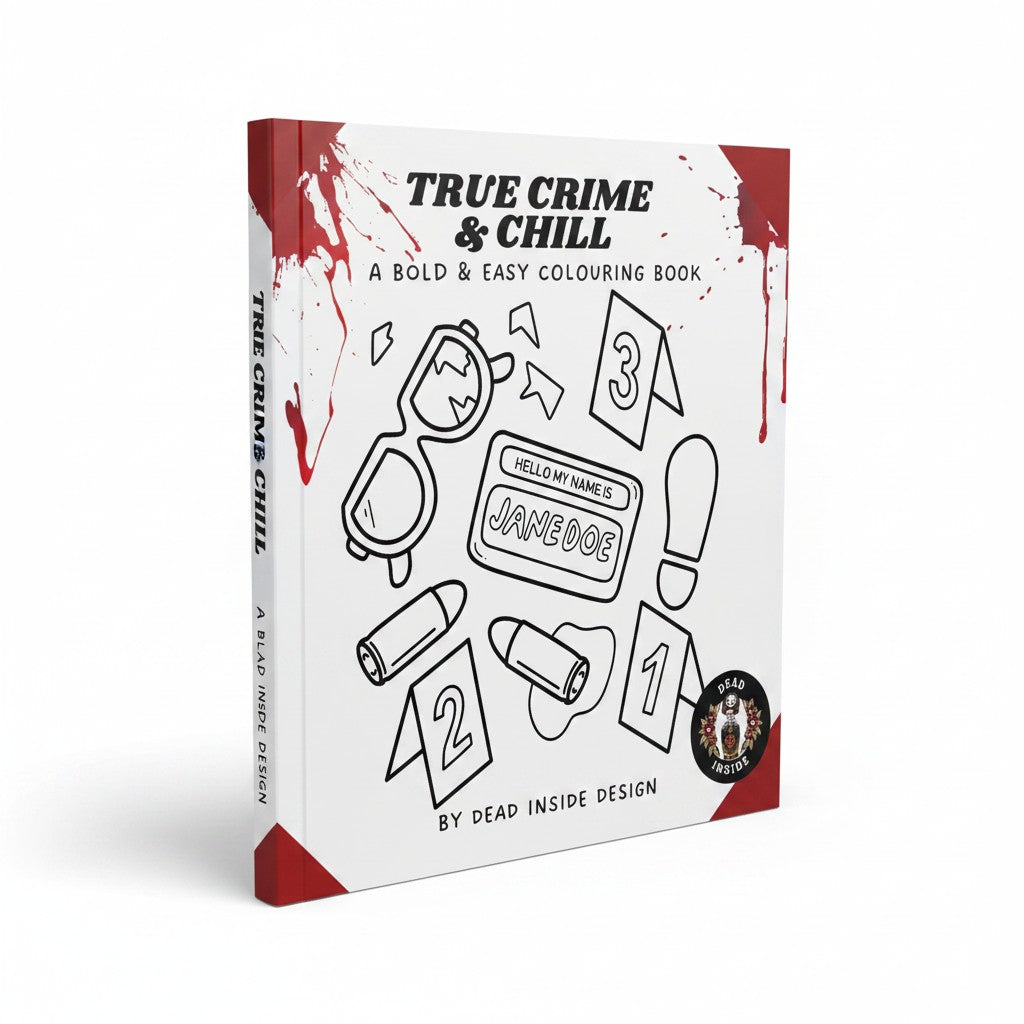 BestBuyBook True Crime & Chill colouring book featuring crime scene illustrations and blood splatter cover design