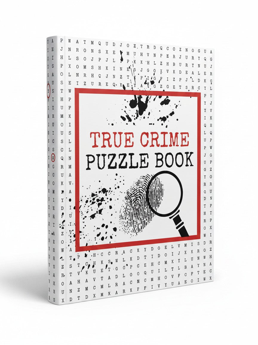 BestBuyBook True Crime Puzzle Book with word search cover, magnifying glass, and fingerprint design on white background