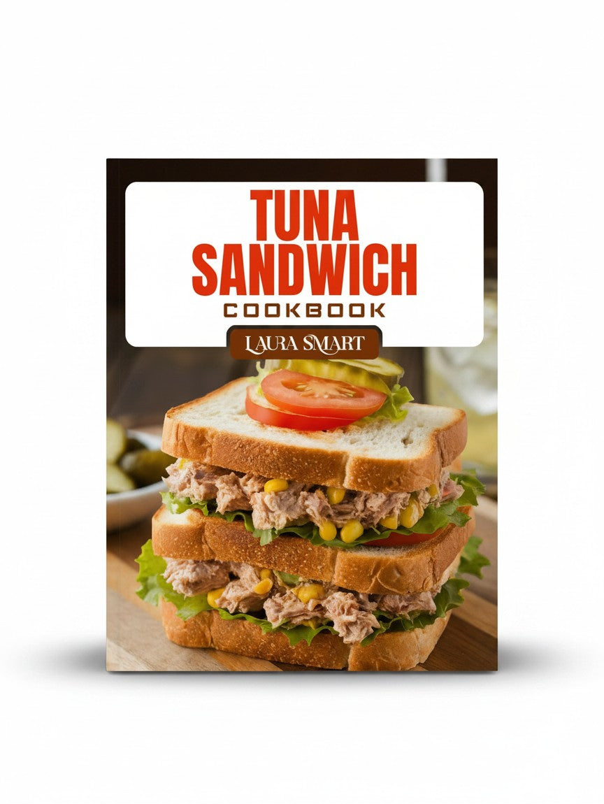 BestBuyBook Tuna Sandwich Cookbook by Laura Smart featuring a stacked tuna sandwich with tomato and lettuce