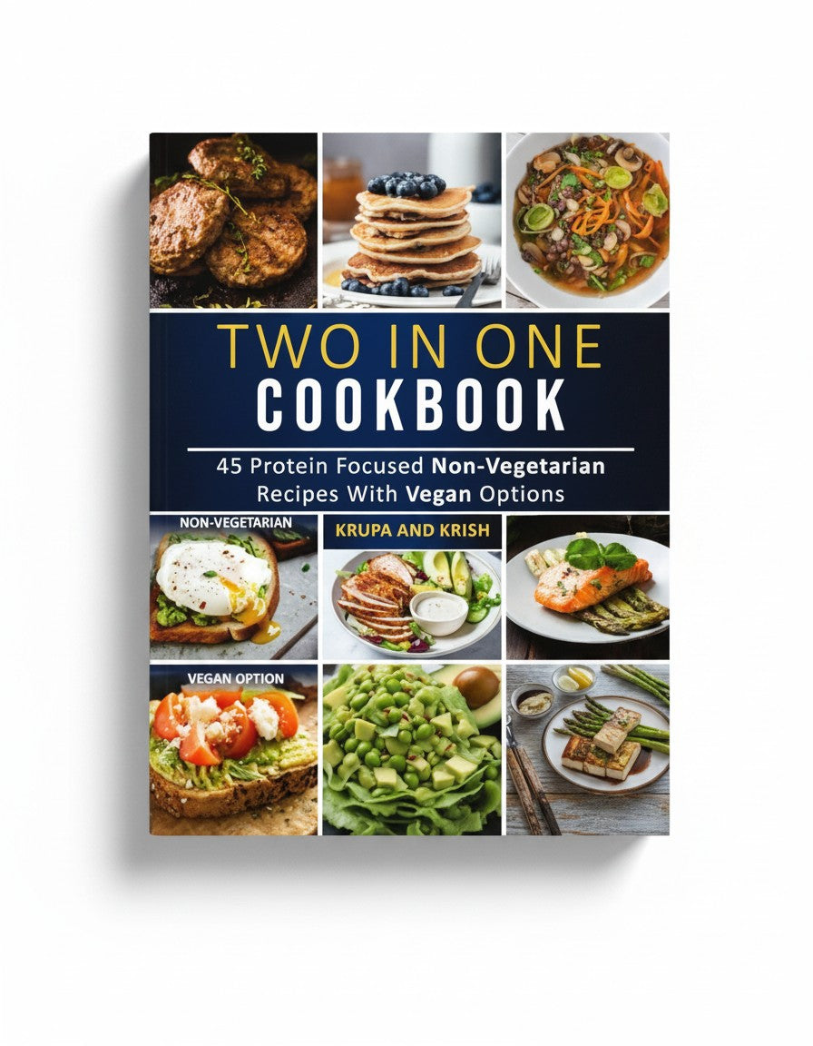 BestBuyBook Two In One Cookbook cover featuring protein-focused non-vegetarian and vegan recipe photos