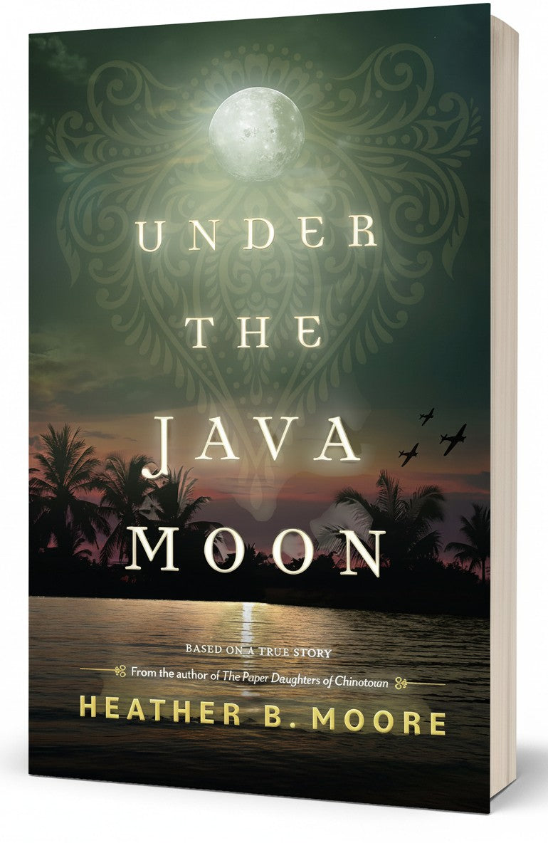 BestBuyBook Under the Java Moon by Heather B. Moore historical fiction novel cover featuring a moonlit tropical scene