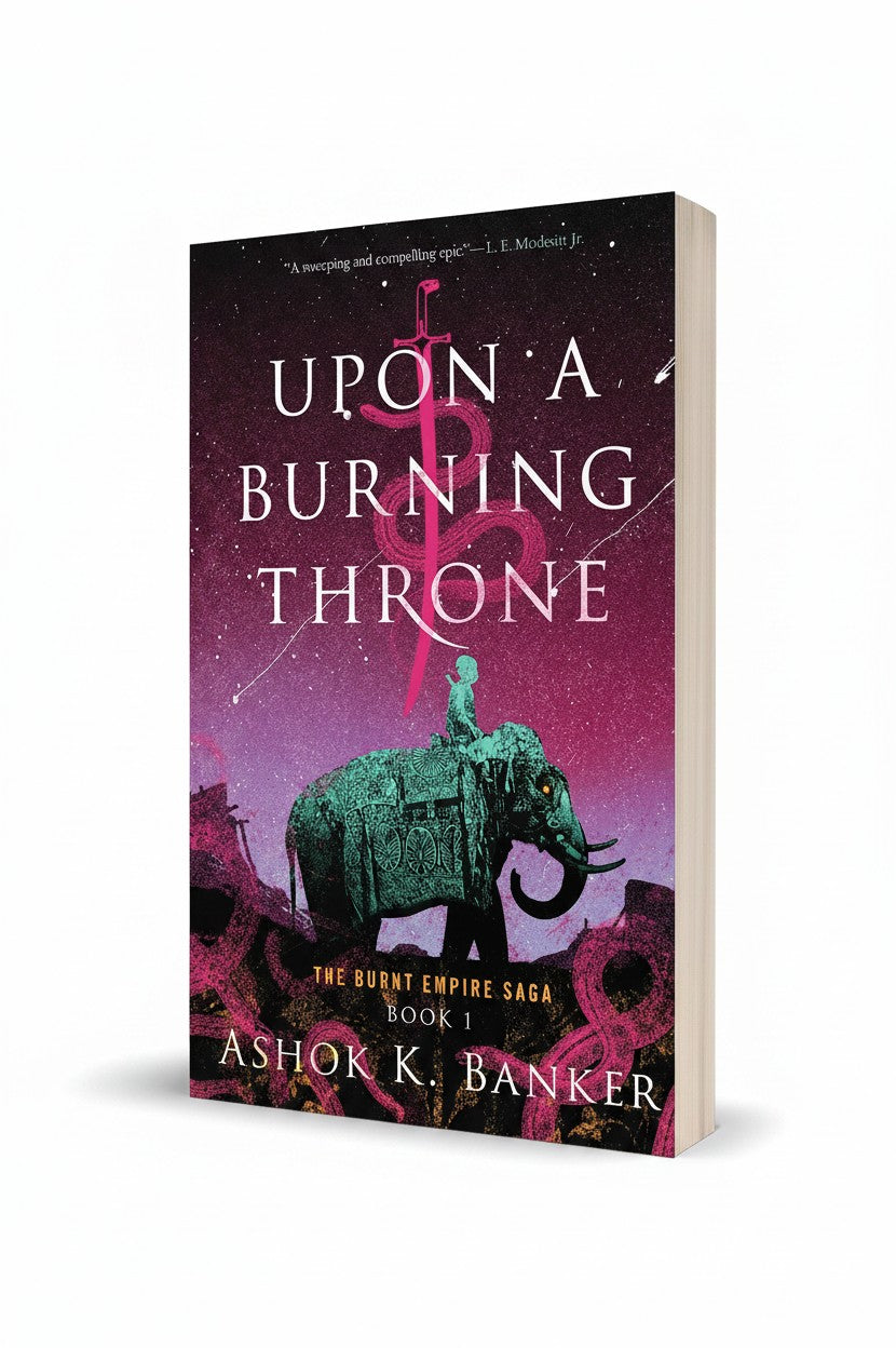 BestBuyBook paperback edition of Upon A Burning Throne by Ashok K. Banker featuring an elephant and sword illustration