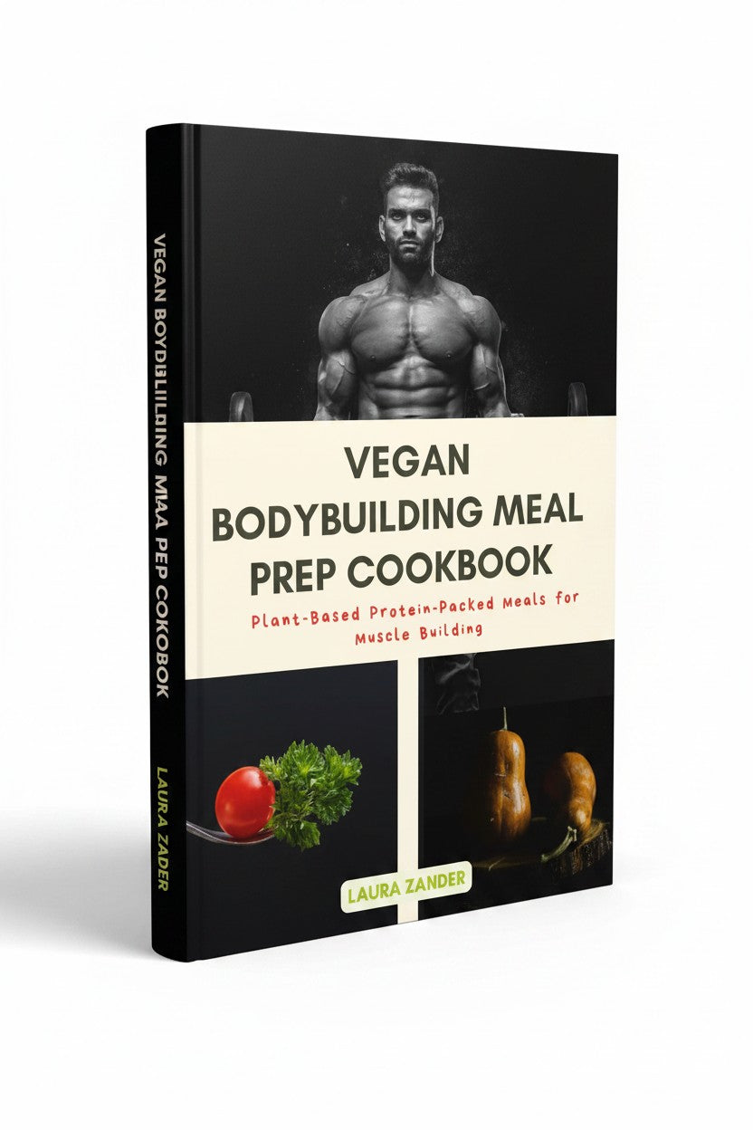 BestBuyBook Vegan Bodybuilding Meal Prep Cookbook by Laura Zander featuring a muscular athlete and fresh vegetables.