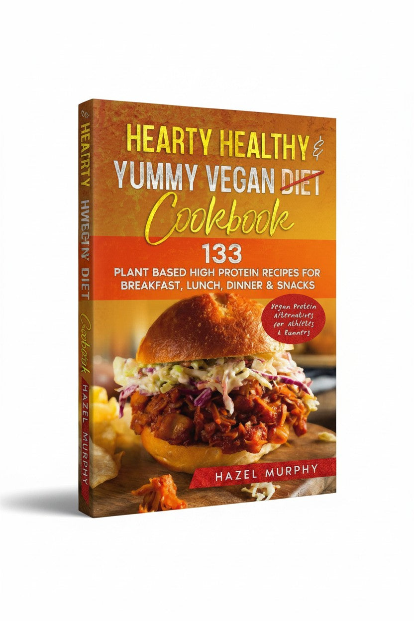 BestBuyBook Hearty Healthy & Yummy Vegan Diet Cookbook featuring a plant-based pulled jackfruit sandwich on the cover.