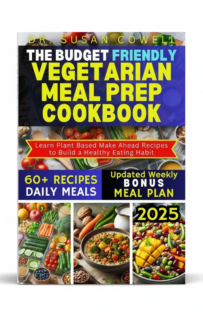 BestBuyBook The Budget Friendly Vegetarian Meal Prep Cookbook cover featuring fresh produce and healthy meal photos.