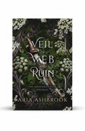 BestBuyBook cover of Veil of Web and Ruin by Aria Ashbrook featuring an ornate dagger amidst white flowers and ferns
