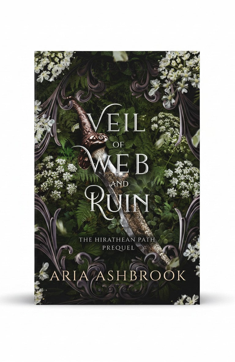 BestBuyBook cover of Veil of Web and Ruin by Aria Ashbrook featuring an ornate dagger amidst white flowers and ferns
